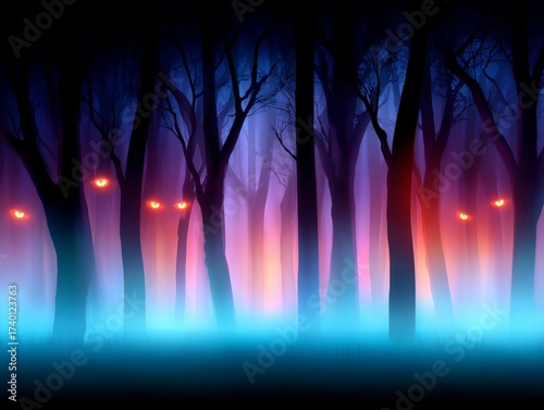 Halloween concept, Illustration scary monster eyes glowing in foggy dark forest
