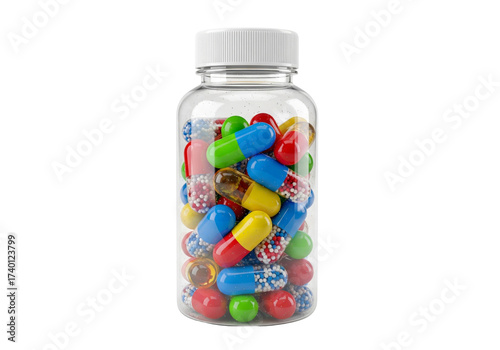 Pharmaceutical Variety: Multicolored Capsules in a Transparent Pill Bottle, Isolated on White Background