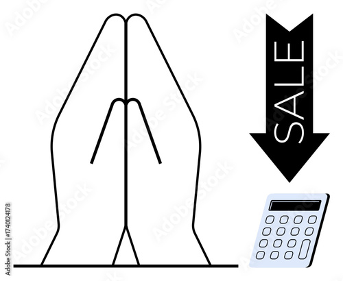 Two hands in prayer near a calculator and downward arrow with label sale. Ideal for faith, finance, budgeting, discounts, charity, hope, mindfulness. Simple flat metaphor