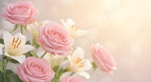 Delicate Pink and White Roses with Soft Focus and Dewy Petals