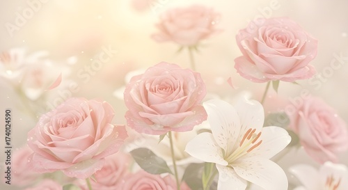 Soft-Focus Bouquet of Pink and White Roses with Dreamy Bokeh Background