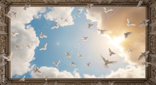 A flock of white doves soars through a bright, cloudy sky framed by ornate architectural details.