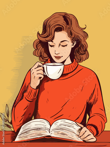 A cozy illustration shows a woman with closed eyes, sipping from a white cup while engrossed in an open book, wearing a red sweater against a yellow backdrop