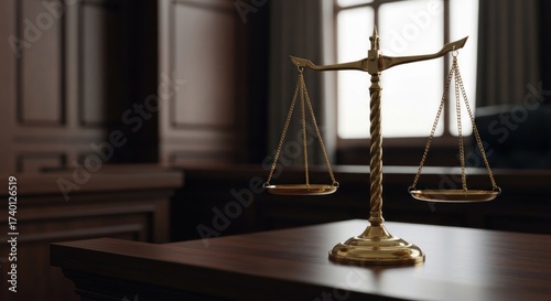 Scales of justice sit on dark wood table in a courtroom, justice concept