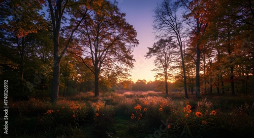 Serene Autumn Forest at Dusk with Golden Leaves and Wildflower Clearing