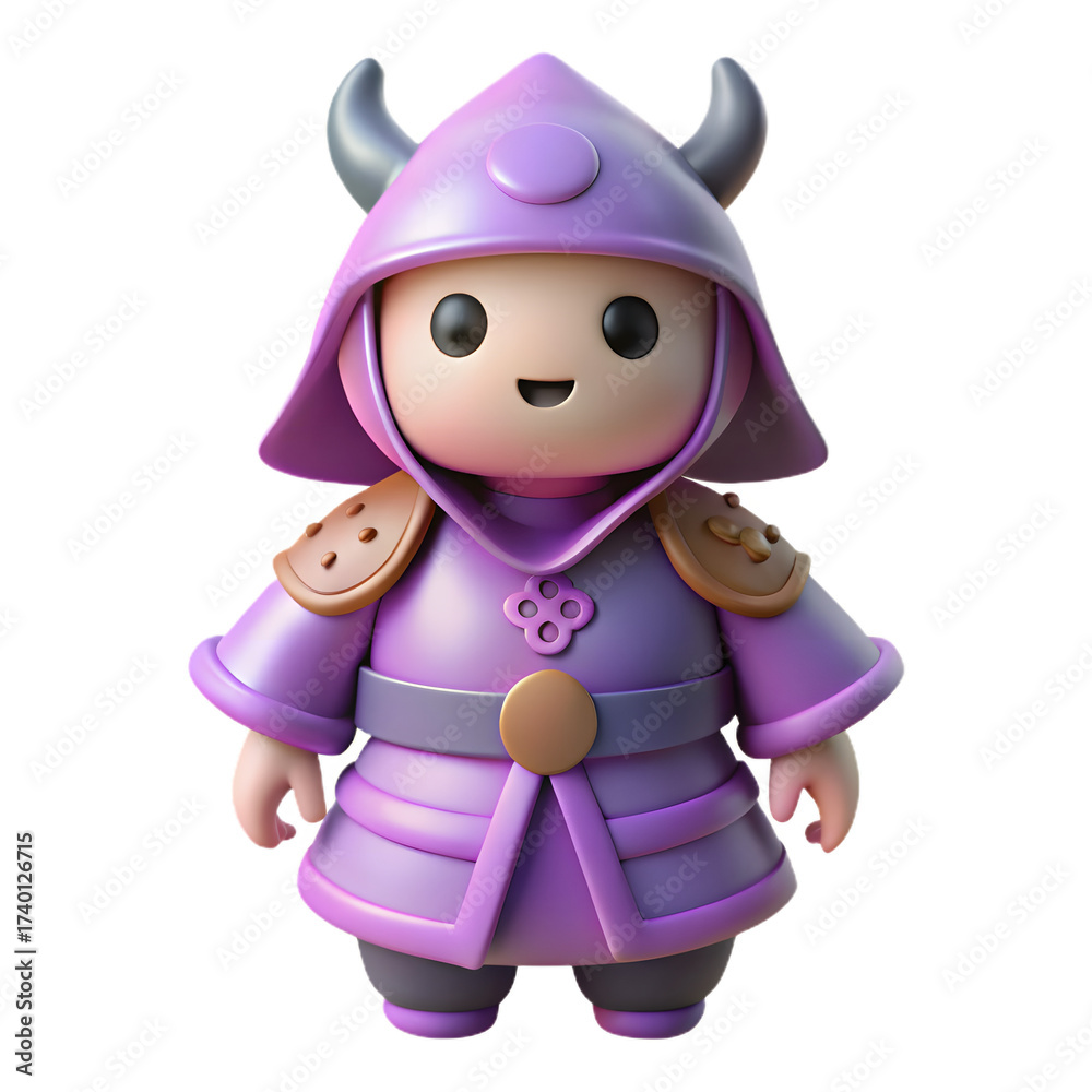 Fototapeta premium A charming, stylized figure in purple armor stands ready, radiating a gentle, friendly presence.