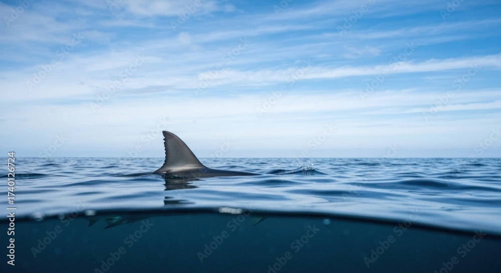 Fototapeta premium Shark fin breaking water's surface under light blue sky with cirrus clouds