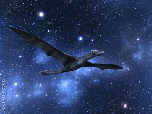 Dragon flying nightly sky over moon and clouds. Illustration and epic image