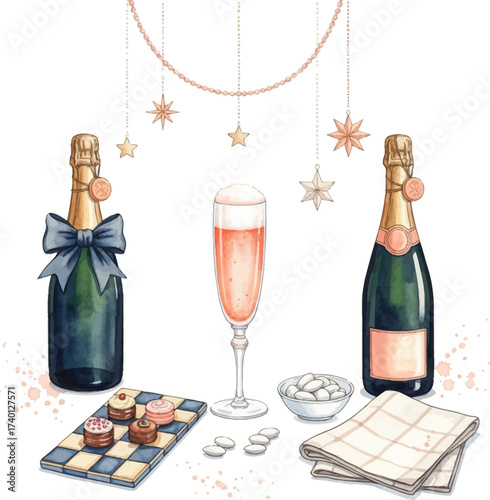 Celebratory Champagne and Treats Watercolor Illustration