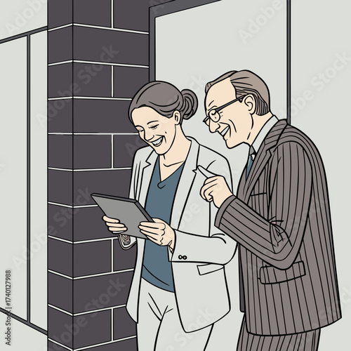A smiling woman and man, both in business attire, stand close together, looking at a tablet. The woman, in a light grey suit, holds the device, while the man, in a pinstripe suit, points at the screen