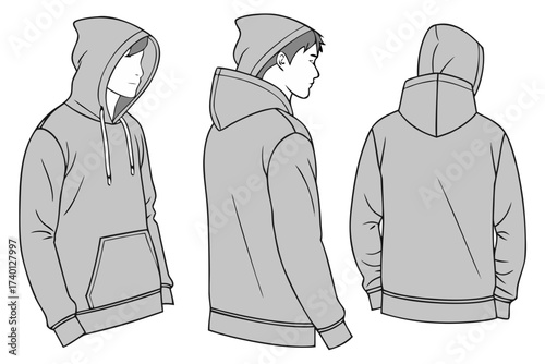 Three grayscale line drawings depict a hooded sweatshirt from front, side, and back views, arranged horizontally. The hoodie features a kangaroo pocket and drawstring. Light is even, creating a techni