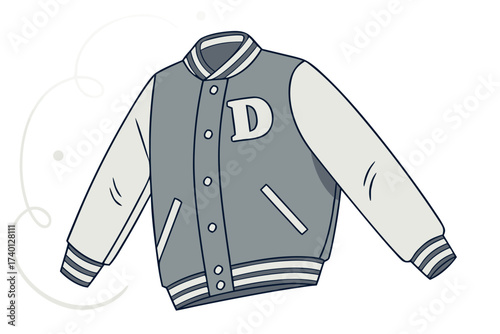 A gray and white varsity jacket with a prominent "D" patch is centered, slightly angled. The jacket features striped cuffs and waistband, with dark gray button closures. Light gray sleeves contrast wi