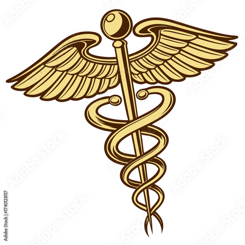 A golden caduceus symbol dominates the frame, featuring a winged staff with two snakes coiled around it. The staff is centrally positioned, with symmetrical wings extending outwards. The light is soft