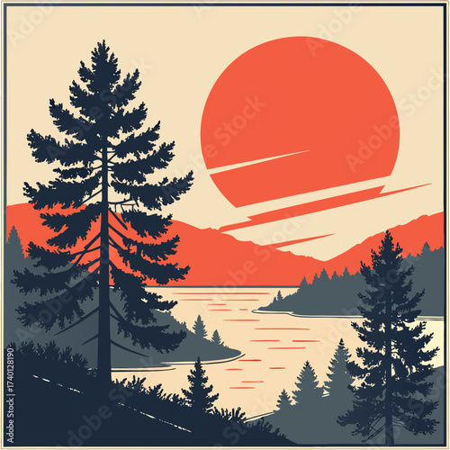 A stylized landscape features a large, orange sun dominating the sky above distant, reddish mountains. A calm lake reflects the light, bordered by dark green pine trees and lighter green foliage in th