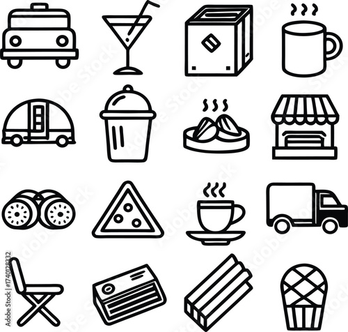 Diverse collection of small business and food icons representing commerce travel and refreshments for various applications