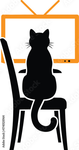 A black cat silhouette sitting on a chair watching television with an orange frame around the screen silhouette