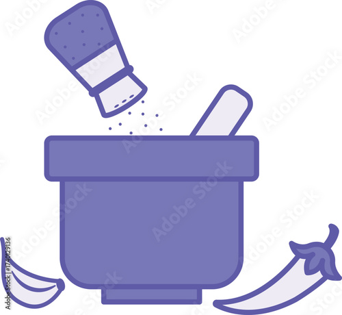 Colored Seasoning Icon. Vector Illustration. Bowl, Salt, Garlic, and Pepper. Dish, Food. Cooking Concept