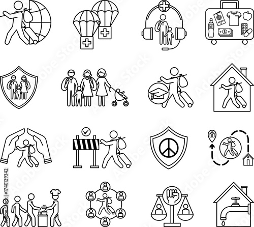 World Refugees Icon Set. Vector Illustrations Asylum for Refugees, Humanitarian Aid, Refugee Rights, Medical Aid, Access to Education, Peace and Security, Freedom and Dignity, Resettlement, and More