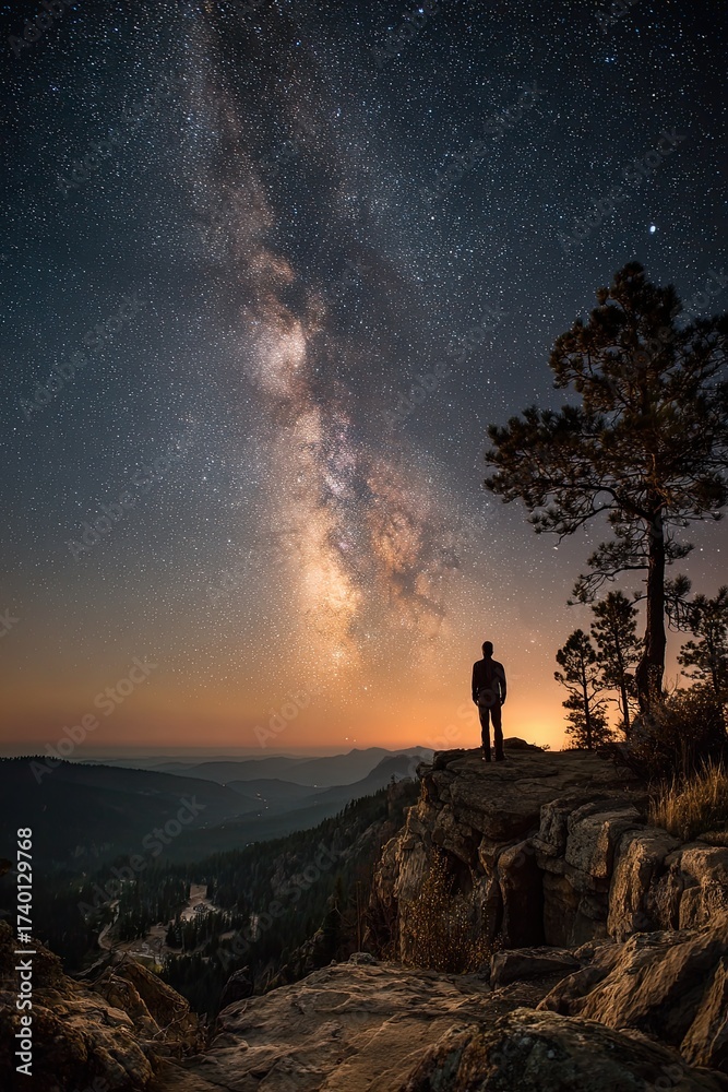 Fototapeta premium photo. A man standing on a high place looks at the wonder of the Milky Way galaxy,