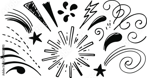 Collection of Hand-Drawn Dynamic Doodle Elements: Speed Lines, Energy Bursts, Splashes, Stars, Swirls, and Lightning Bolts