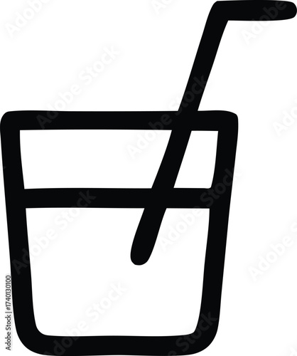 Simple hand drawn outline of a glass with a straw and liquid refreshing beverage concept