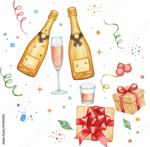 Watercolor champagne gifts and party decoration