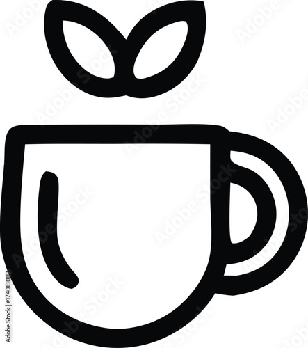 Simple line art icon of a steaming coffee cup with leaves above suggesting freshness and warmth for beverage and cafe branding