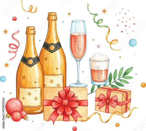 Watercolor Christmas celebration with champagne and gifts
