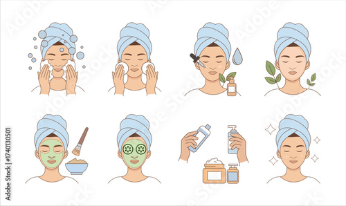 Skincare routine steps for a woman with a towel
