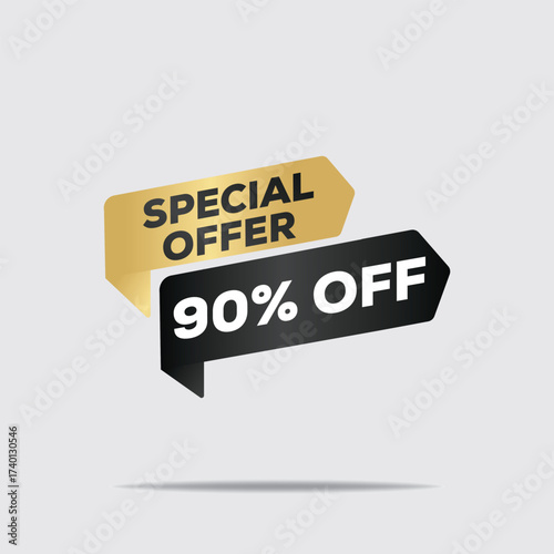 3d banner, modern minimal design, bold yellow and black text, vivid colors, high contrast, clear and legible, retail sale promotion, special offer, 90% off text, dynamic composition, floating elements