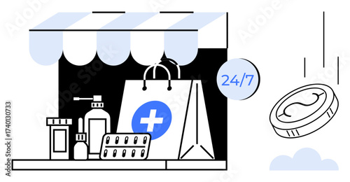 Shopping bag with medical cross, pill bottles, blister packs under awning, coin dropping. Ideal for healthcare, medicine, pharmacy, e-commerce convenience online shopping accessibility. Simple
