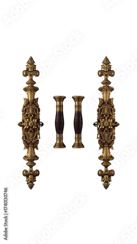 Ornate gold decorative elements and dark red handles