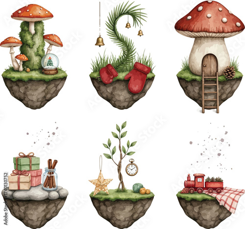 Watercolor Christmas illustrations floating islands collection