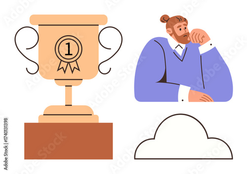 Man with contemplative posture sitting next to courage trophy and abstract cloud. Ideal for success, reflection, motivation, goals, leadership, self-growth, planning. Simple flat metaphor