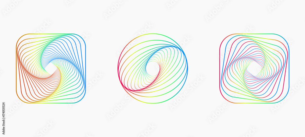 Obraz premium Twisted colored spiral. Curved wireframe tunnel. Vector technology logo element.