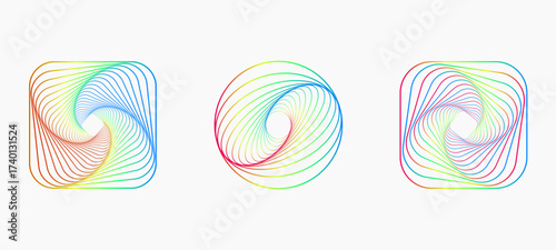 Twisted colored spiral. Curved wireframe tunnel. Vector technology logo element.