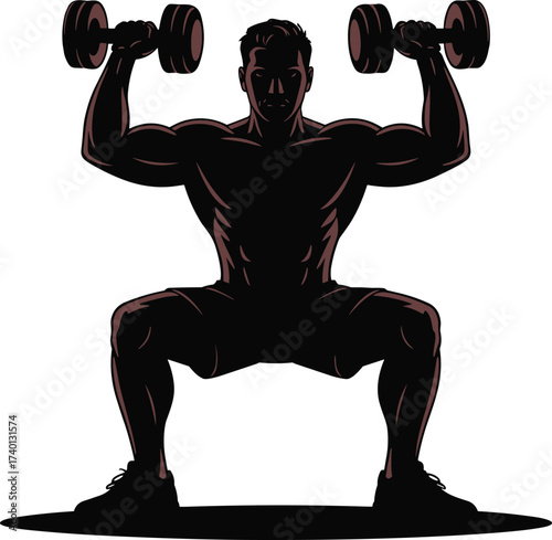 Muscular man doing squat exercise with dumbbells, strength training posture, fitness workout, gym bodybuilder silhouette, flat vector illustration
