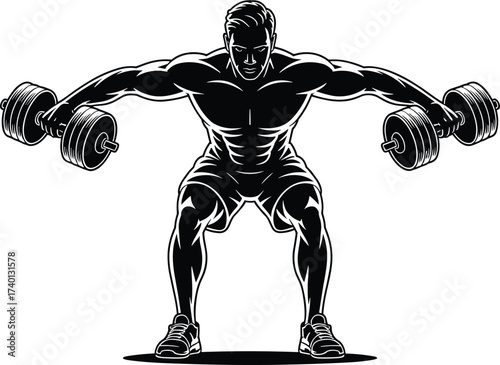 Muscular man doing bent-over lateral raise exercise, rear deltoid workout, strength training posture, fitness form, gym illustration, flat vector