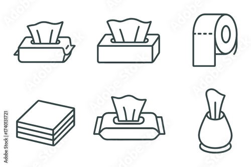 Set of tissue products icons including boxes, rolls, and dispensers