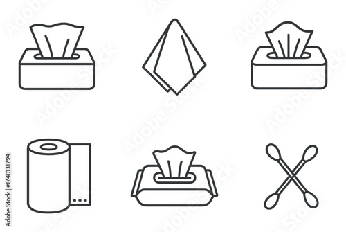 Monochrome icons of tissue box, napkin, toilet paper, and cotton swabs