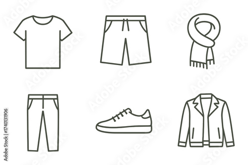 Fashion icons: t-shirt, shorts, scarf, pants, shoes, jacket outlined on textured background