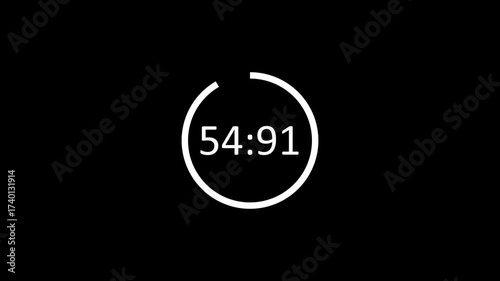 One minute countdown timer stopwatch animation from 60 to 0 seconds on transparent background with seconds, miliseconds, 1 minute Countdown video with alpha channel in 4k.
