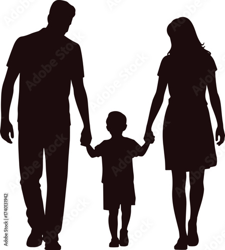 Family walking together holding hands, parent child bonding, unity and love, silhouette illustration, happy family moment, flat vector illustration