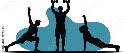 Fitness silhouette workout, strength training pose, yoga stretch position, core balance exercise, active lifestyle concept, flat vector illustration