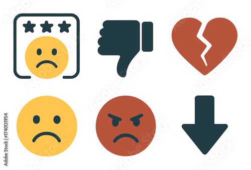 Emoticons of sadness and anger: thumbs down, broken heart, down arrow icons