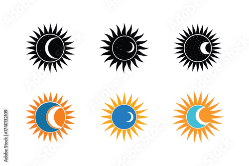 Set of sun and moon vector illustration, black and colorful versions on a plain white square.