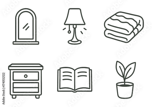 Minimalist home icon set with furniture, lighting, and decor elements