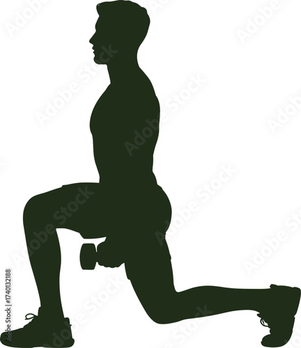 Lunge exercise, dumbbell workout, fitness training, lower body strength, silhouette posture, gym routine, active lifestyle, flat vector illustration