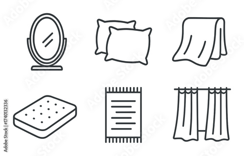 Home essentials: mirror, pillows, blanket, mattress, rug, curtains icons on grayscale background