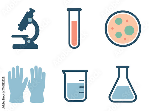 Scientific equipment icons: microscope, test tube, petri dish, gloves, beaker, flask